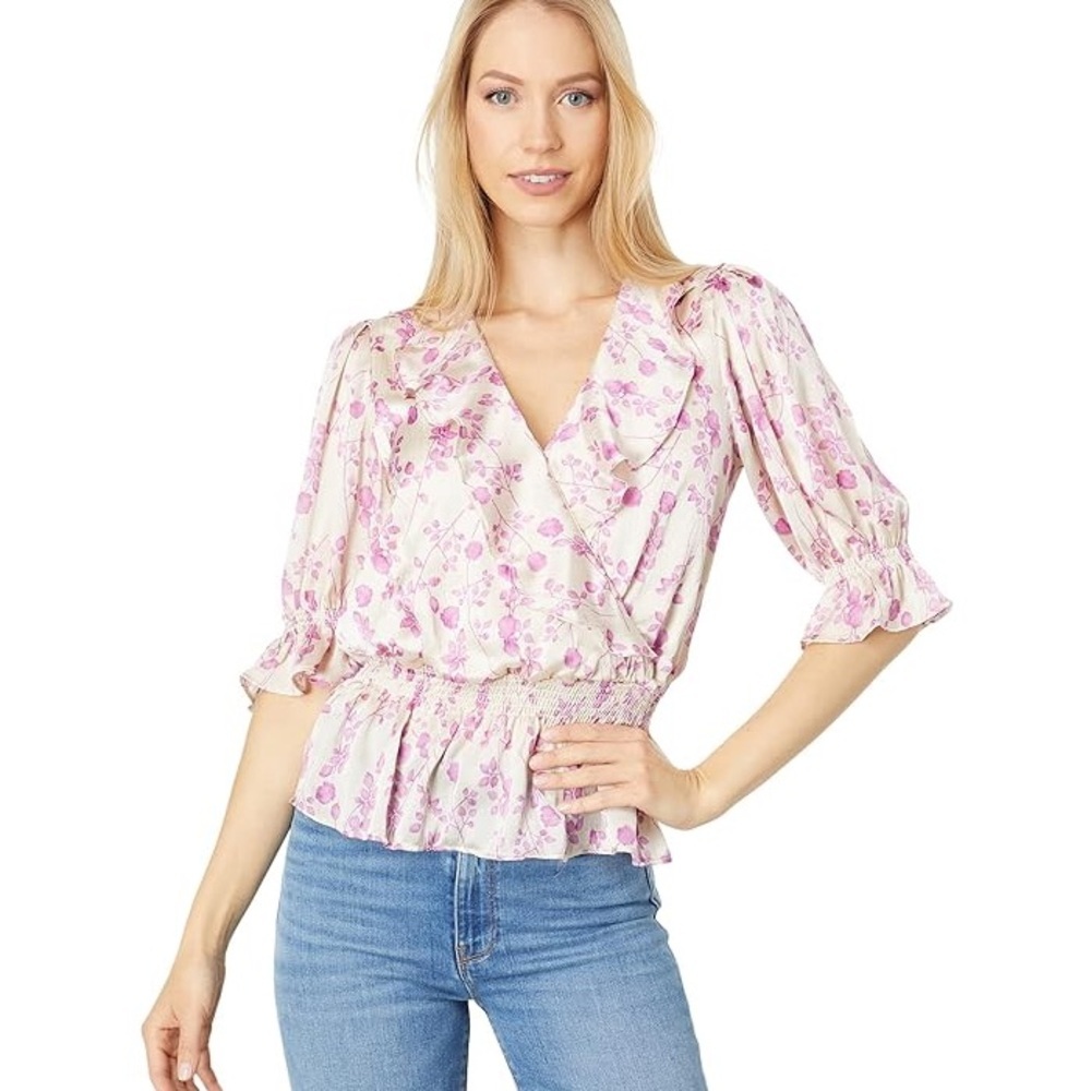bishop + young Caroline Smock Waist Ruffled Wildflower Floral Print Blouse S NWT